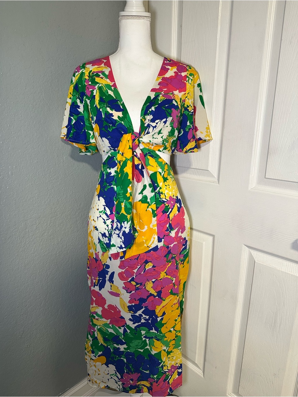 Sugarlips Multicolor Tie-Front Midi Dress in Pink Yellow Green Blue